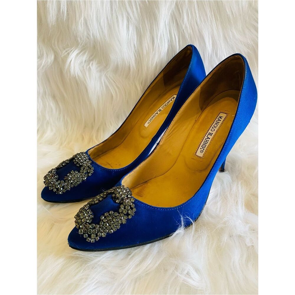 Manolo Blahnik Hangisi 70 Blue Satin Pumps with Jeweled Buckle